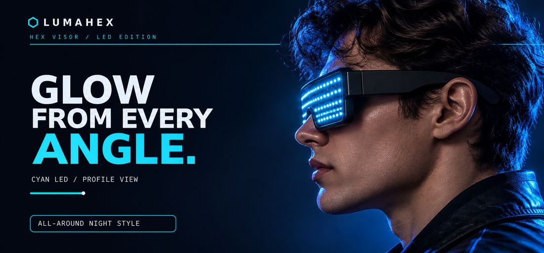 Profile of a man wearing the glasses glowing cyan