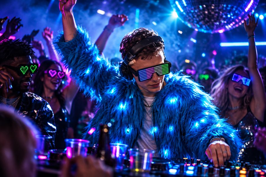 DJ in a blue faux-fur jacket wearing LED matrix glasses, the crowd in heart-pattern glasses
