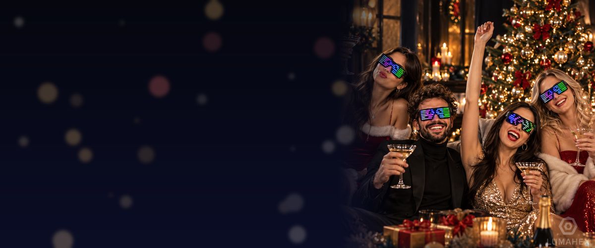 Friends in Christmas outfits by the tree, all wearing Lumahex LED matrix glasses
