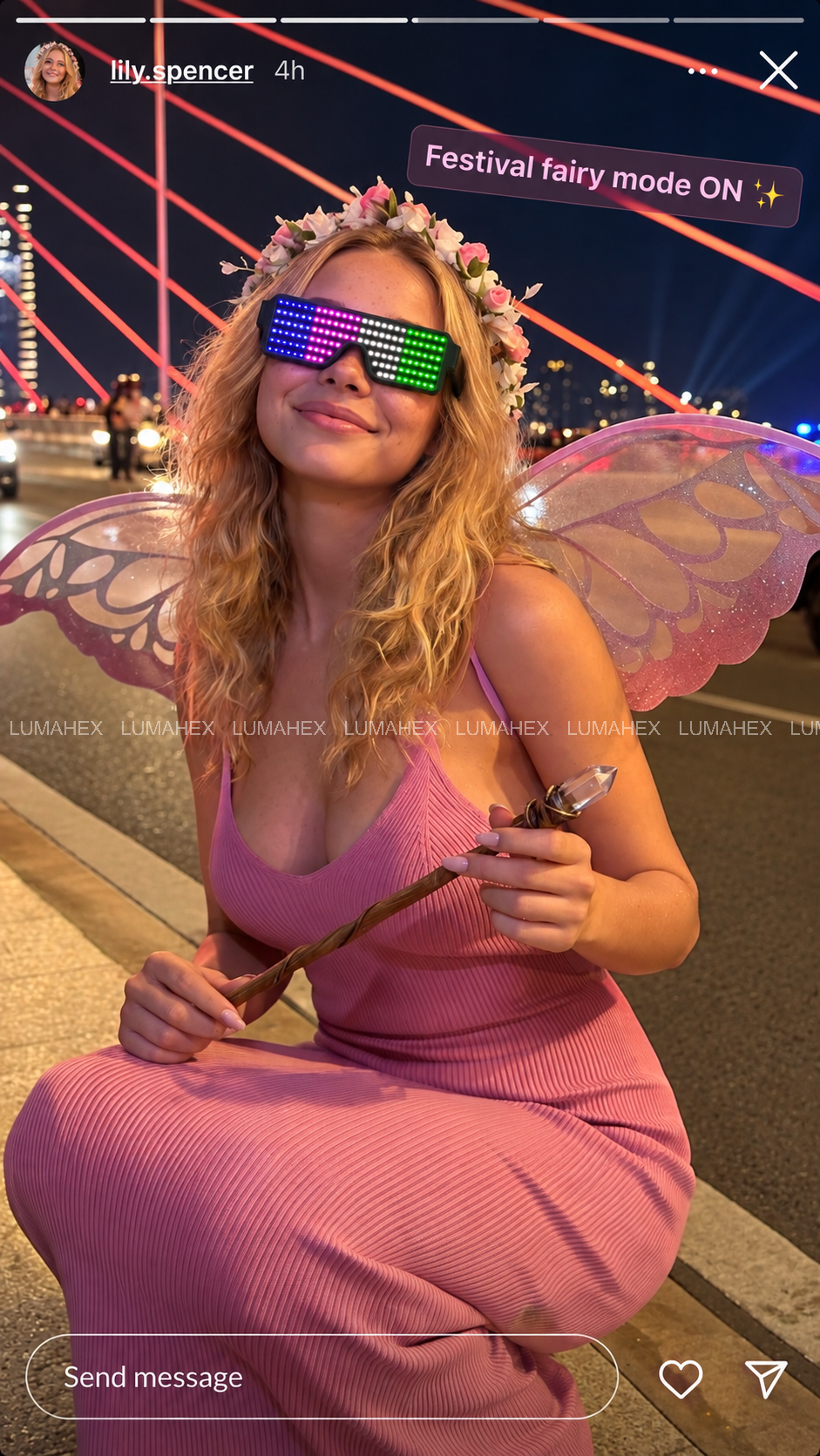 DJ and crowd at a club, all wearing LED matrix glasses