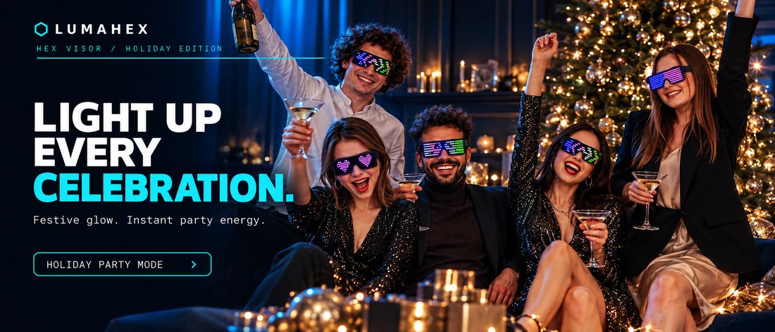 Friends at a Christmas party wearing Lumahex LED glasses with heart and pattern displays