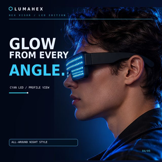 Profile view of the glasses glowing cyan