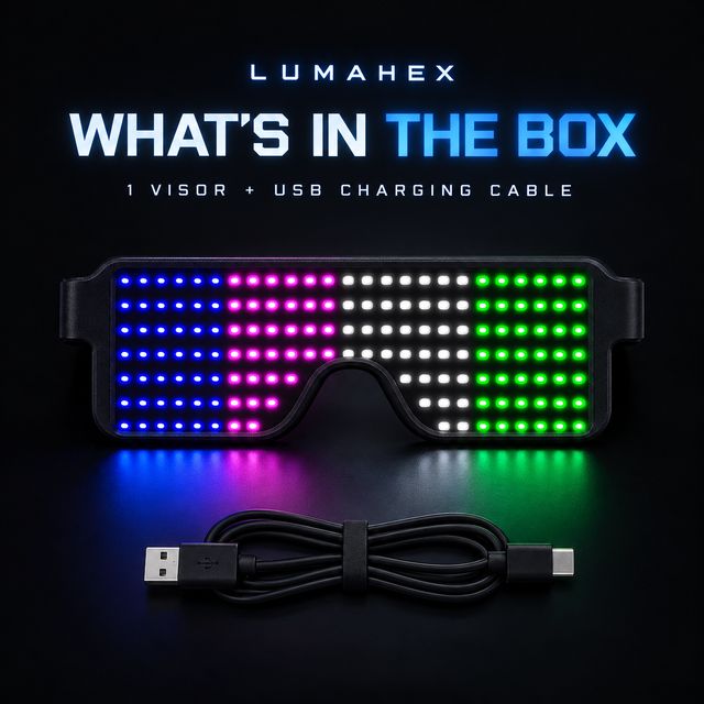 In the box: one pair of LED glasses and a USB charging cable
